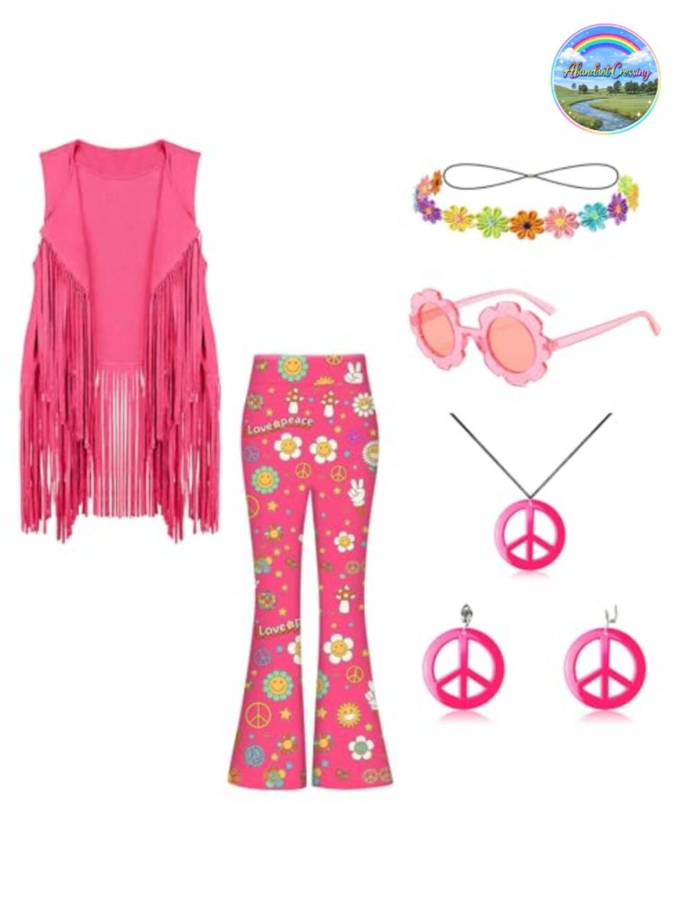 Girls Hippie Costume Set 7 Pcs Fringe Vest Flared Pants Halloween Outfit